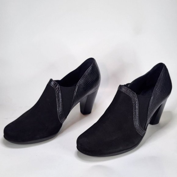 Nuture Shoes - Nuture Boots Womens Size 8.5  Black Leather Suede Sexy Chunky Heel Ankle Booties